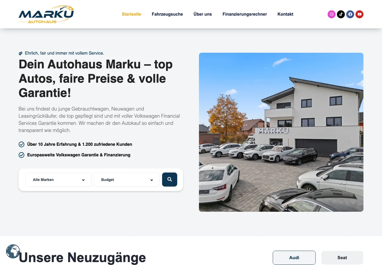 Aufnahme der Autohaus-Marku-Startseite mit Händlergebäude und Fahrzeugsuche